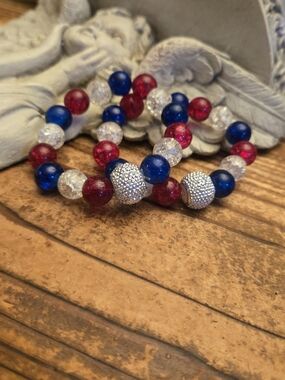 Patriotic Red, Blue & Clear Beaded Stretch Bracelet Set - Women's Jewelry